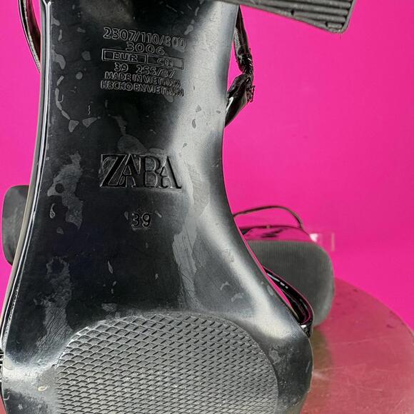 Zara Patent Black Strappy Square Toe Heeled Sandal Sz 39 - Picture 7 of 8